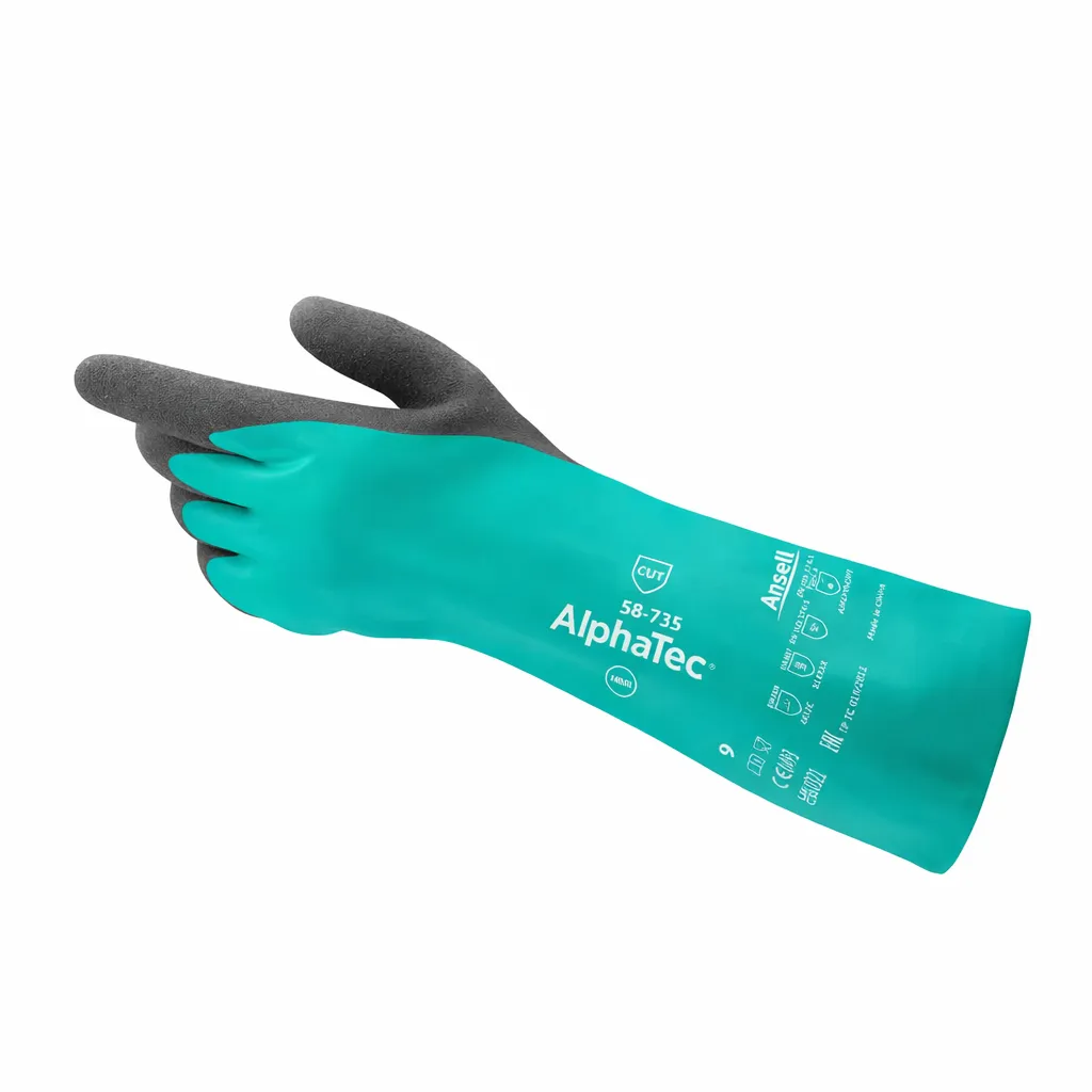 Ansell AlphaTec 58-735 Chemical Resistant Gloves Extended Cuff Nitrile + Polyisoprene Grey & Green Size 7