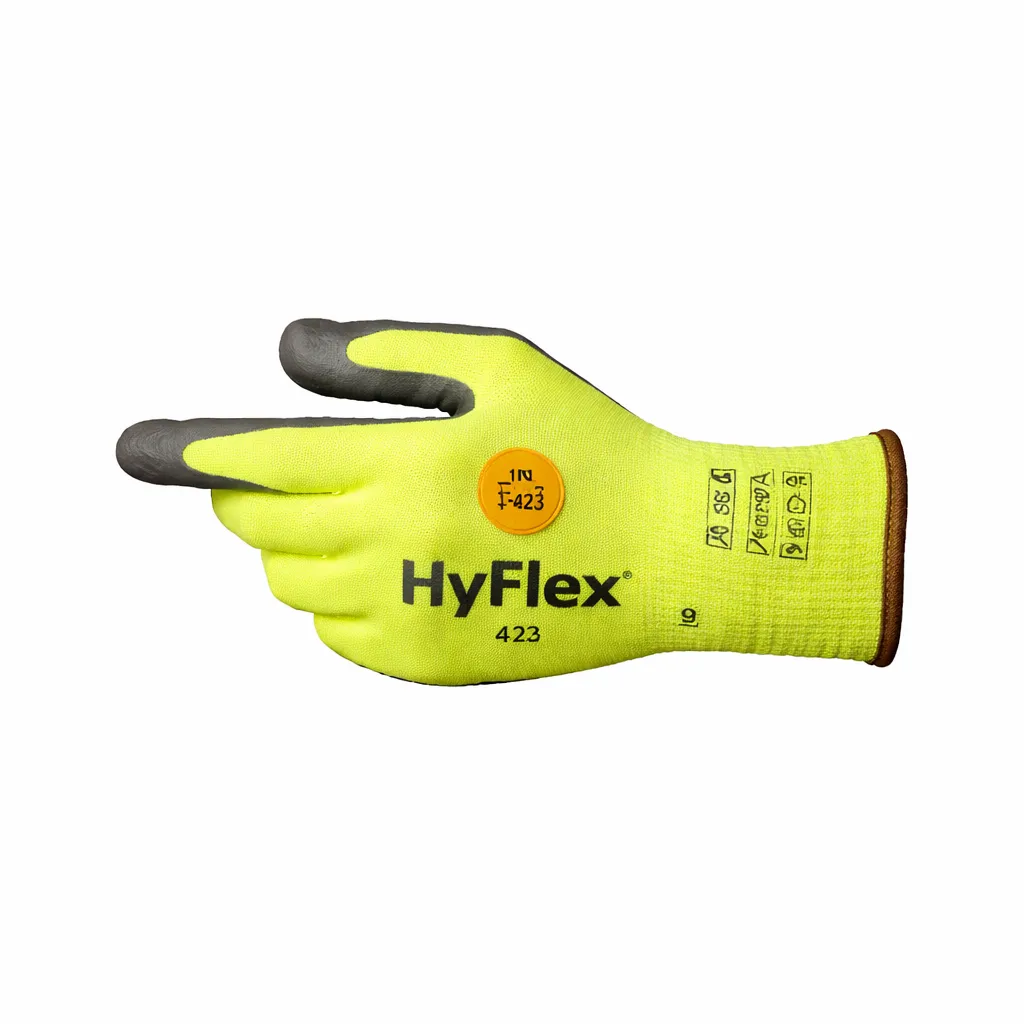 Ansell HyFlex 11423 Cut Resistant Gloves Knitwrist Cuff Polyurethane Nitrile Grey Yellow Size 9