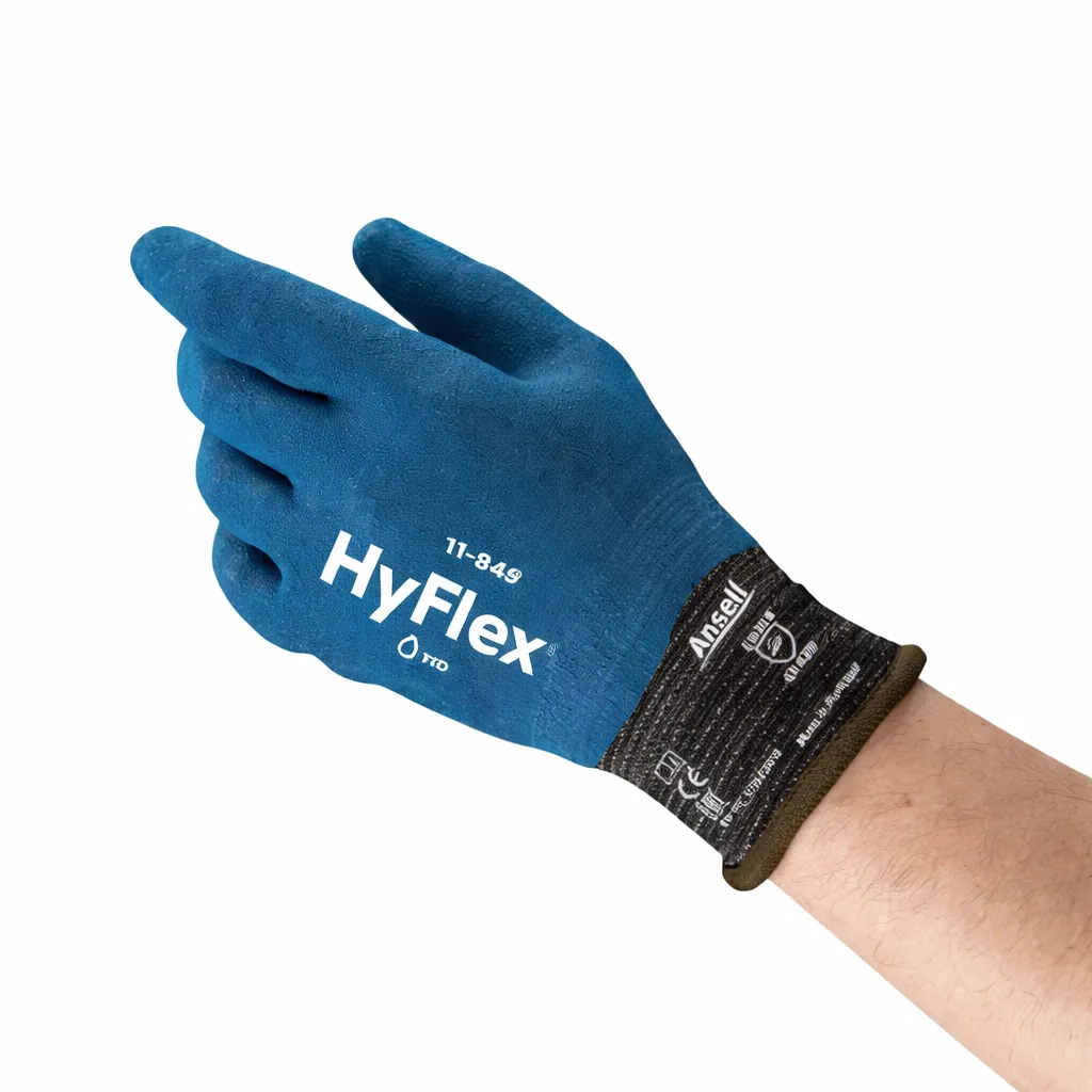Ansell HyFlex 11949 Cut Resistant Gloves Knit Cuff Polyurethane Nitrile Blue Black Size 8 Active Display Image