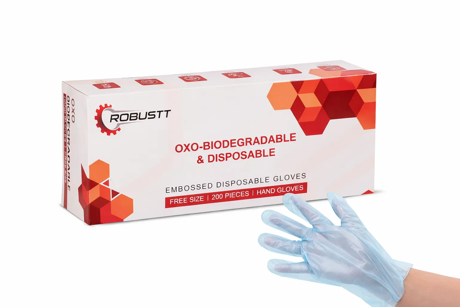 Robustt Disposable Hand Gloves 6x11x3 inch Powder Latex Free Active Display Image